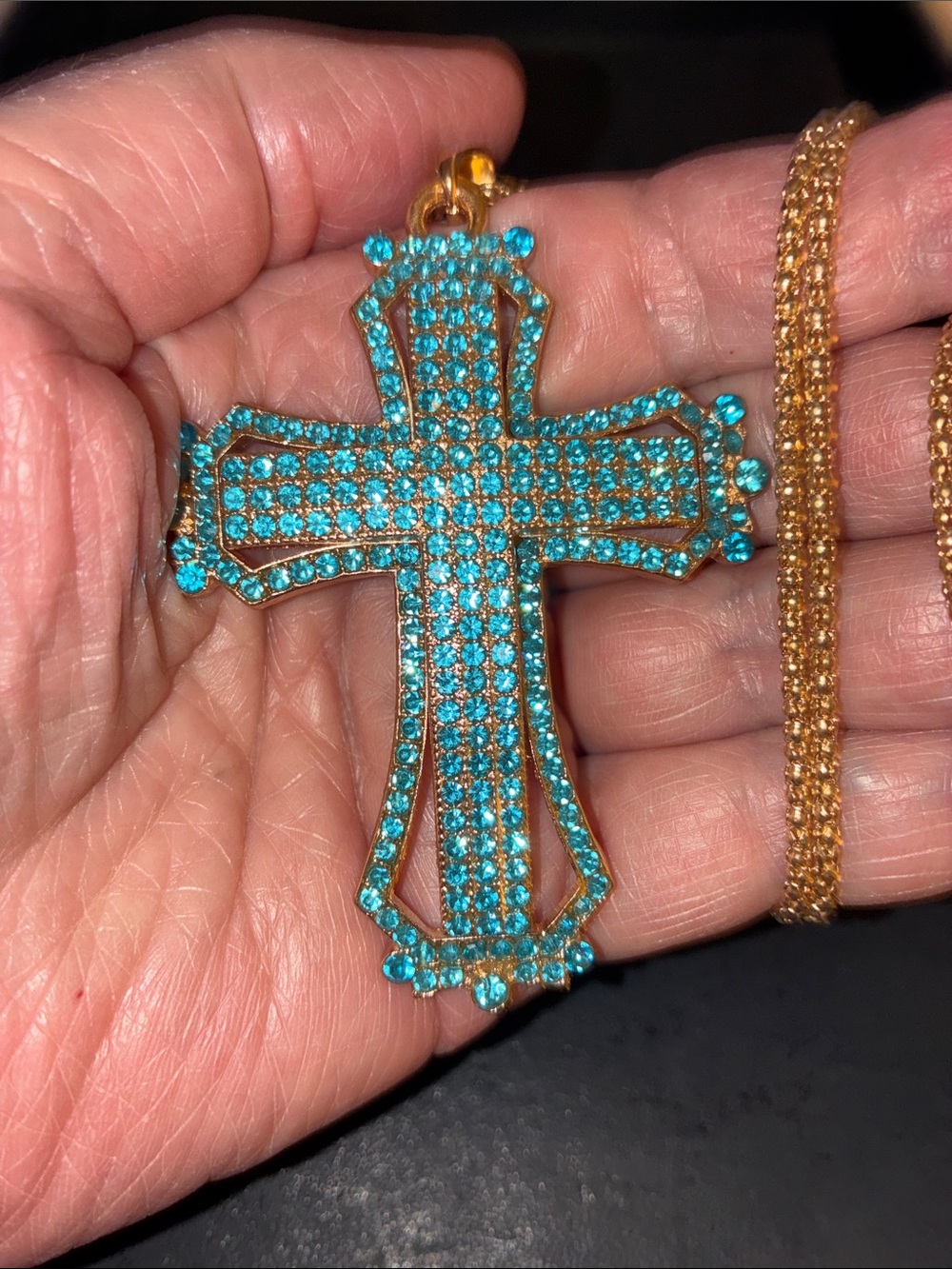 Turquoise Crystal Cross Pendant Necklace - Gold Tone